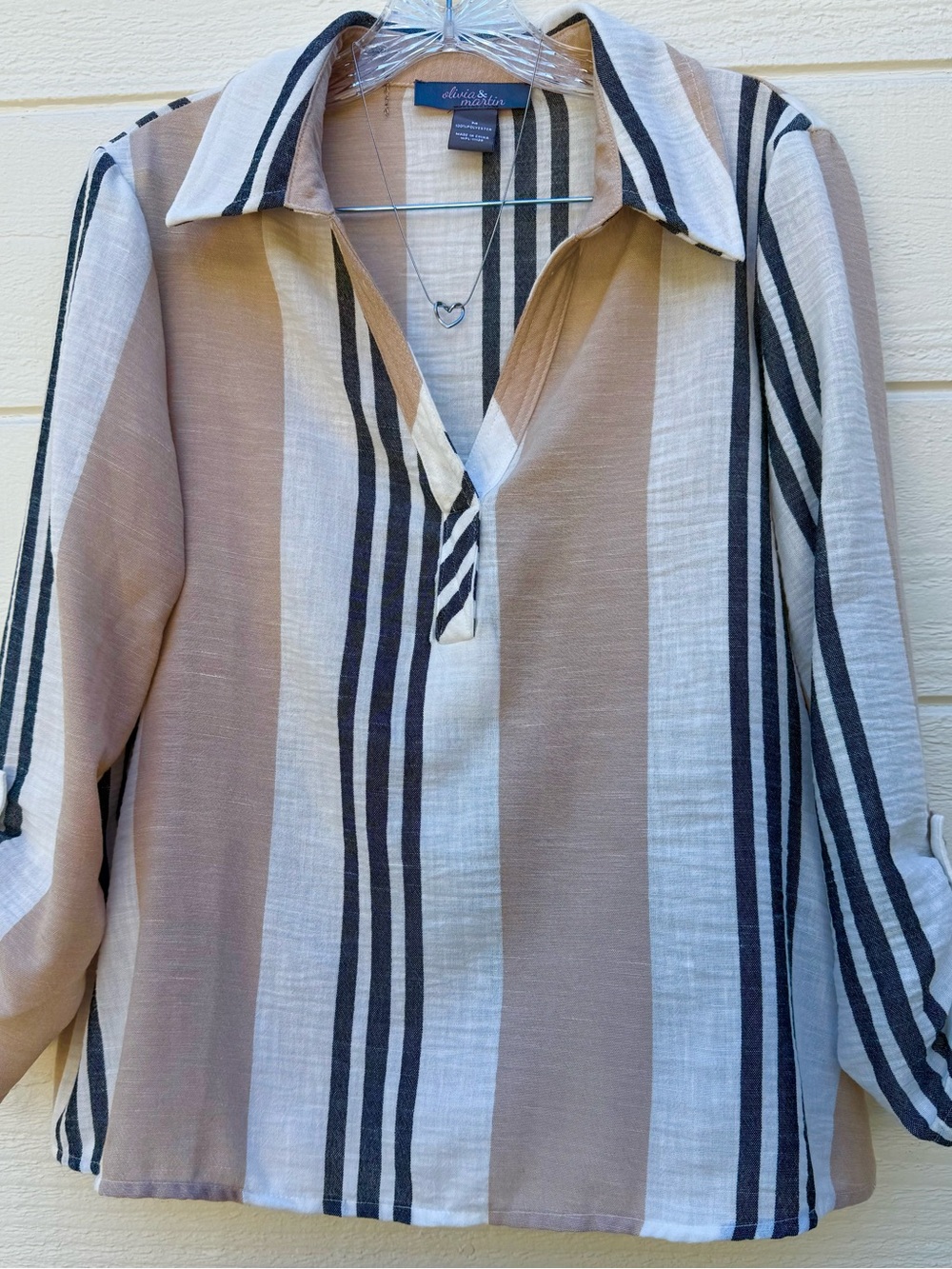 Women's Striped V-Neck Blouse in Beige, White & Black 3/4 length Sleeves.
